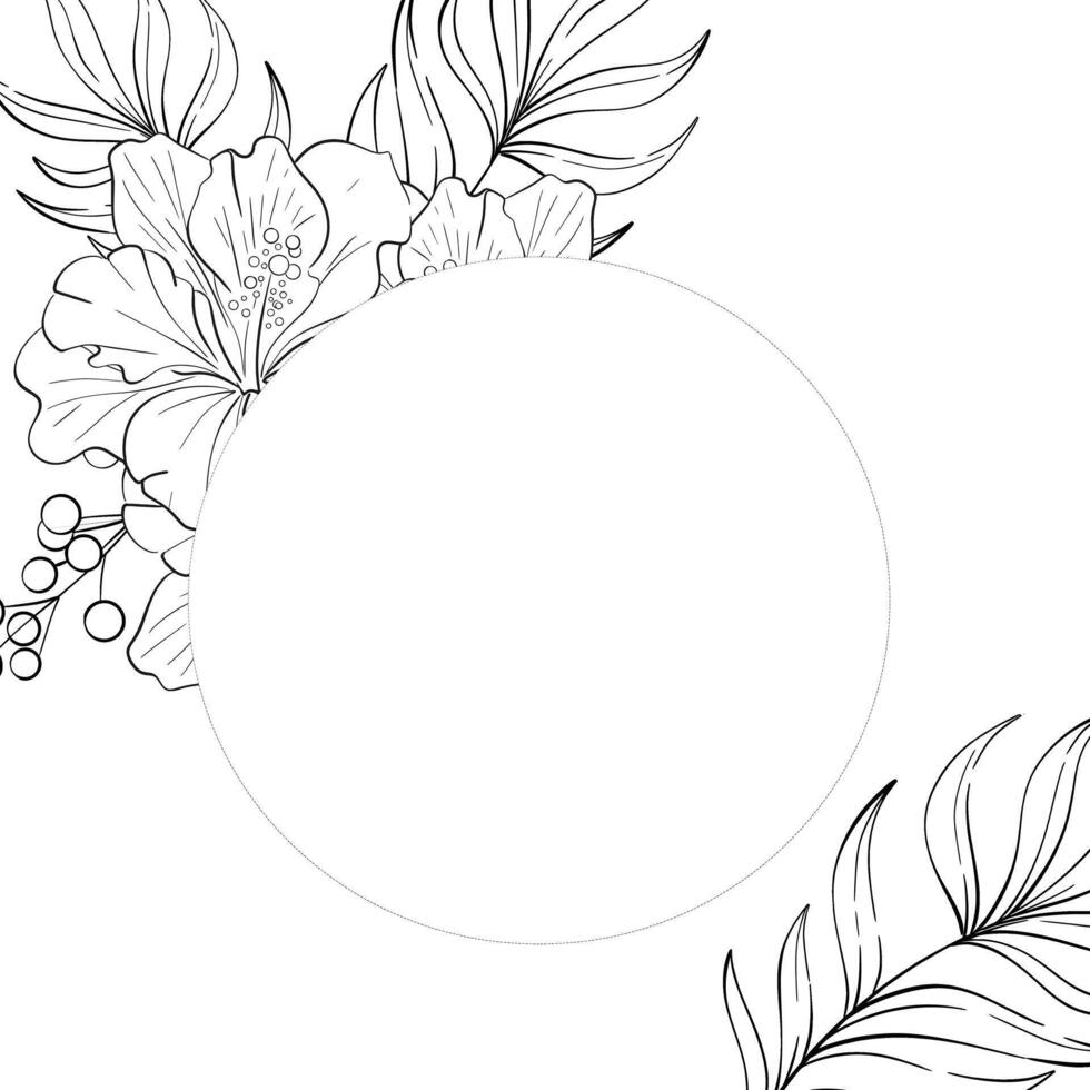 circle frame Hibiskus bouquet with palm leaves. Tropical botanic illustration. Summer exotic, elegant flora. Black silhouette for circuit vector