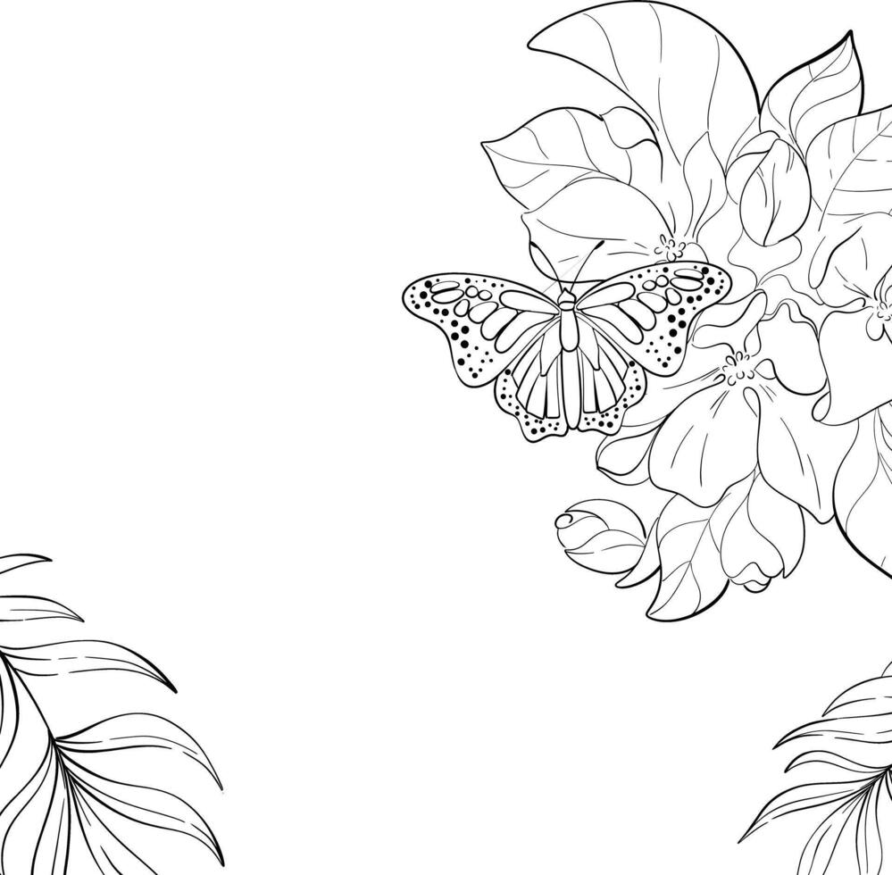 arrangement with butterfly, template bouquet , japanese cherry blooming, sakura art. Apple tree bouquet. Black silhouette for circuit vector