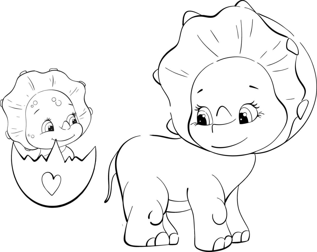 dinosaurs mom and baby Triceratops. Clipart for baby shower, nursery, decor, stickers, prints with historical animals. Black line silhouette for circuit vector