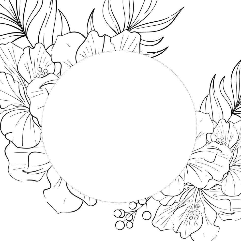 circle frame Hibiskus bouquet with palm leaves. Tropical botanic illustration. Summer exotic, elegant flora. Black silhouette for circuit vector