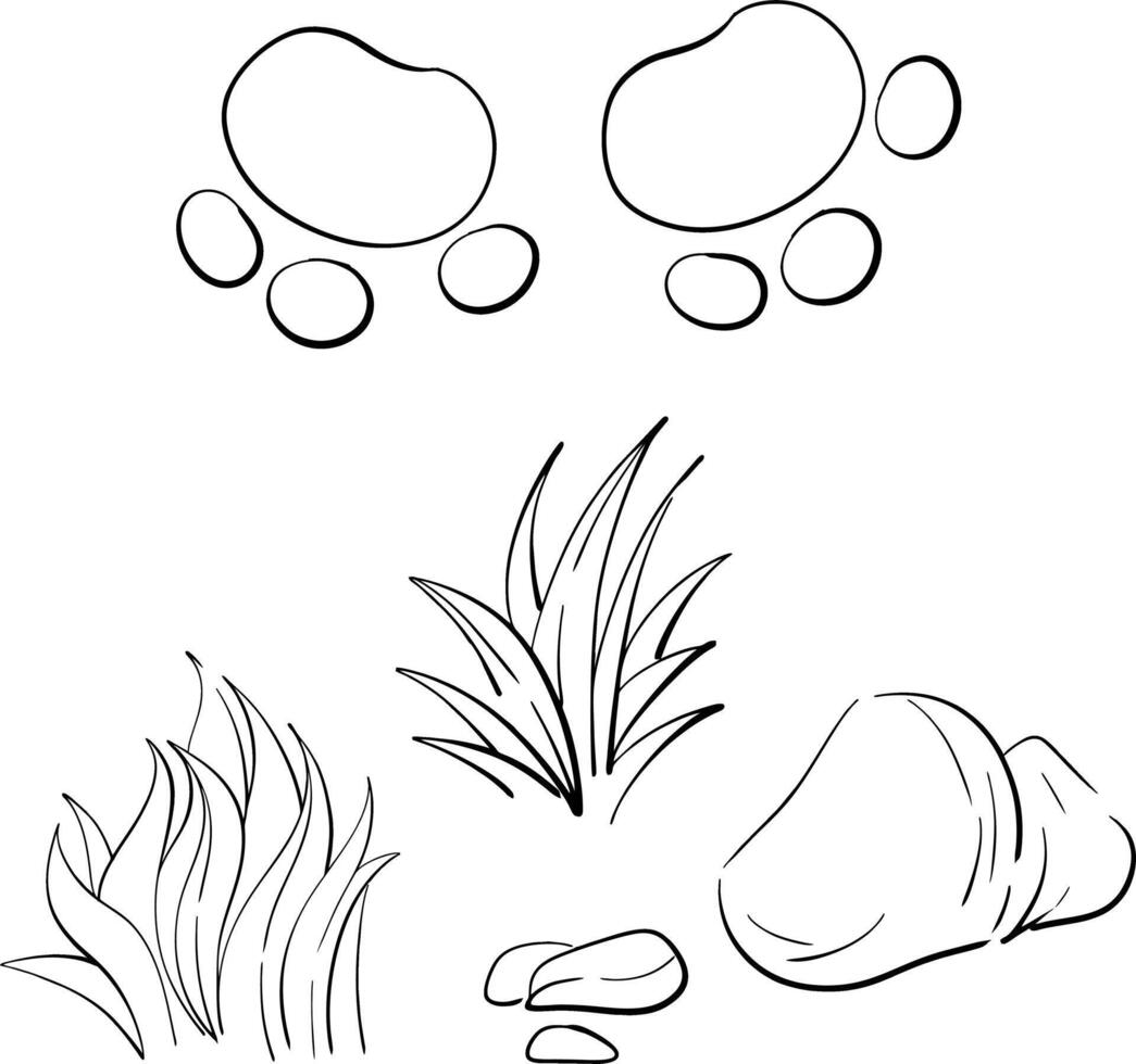 grass, rocks, dinosaur tracks. Jurassic set, clip art. Illustration for design, compositions. Black silhouette for circuit vector