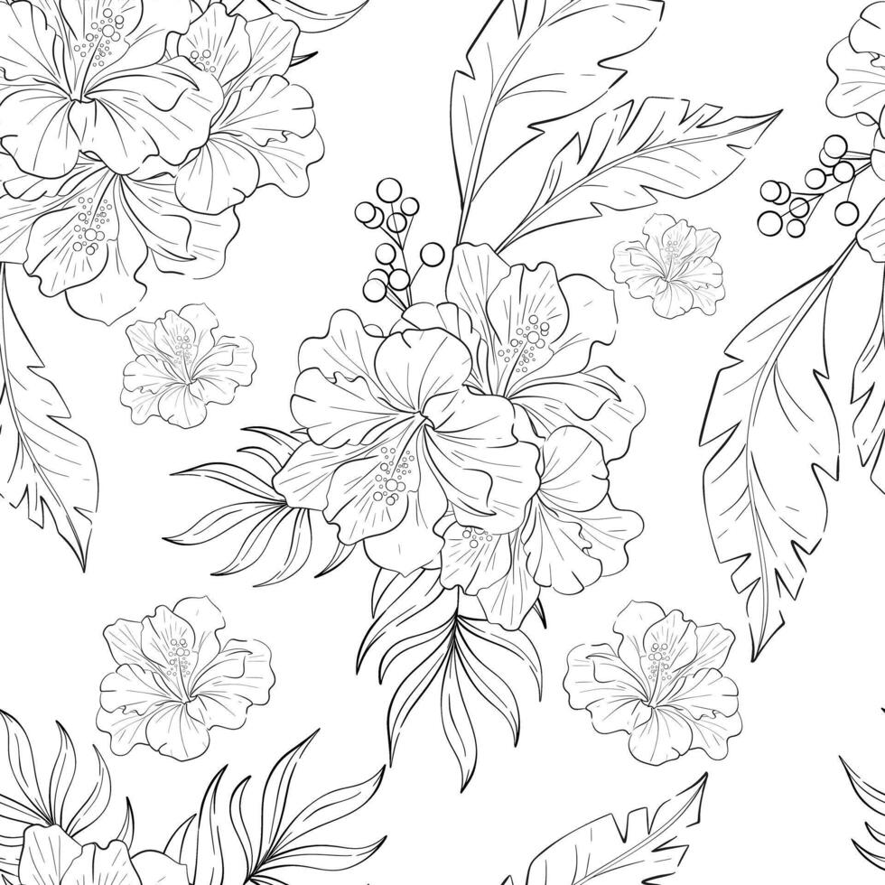 seamless pattern Hibiskus bouquet with palm leaves. Background with Tropical botanic illustration. Summer exotic, elegant flora. Black silhouette for circuit vector