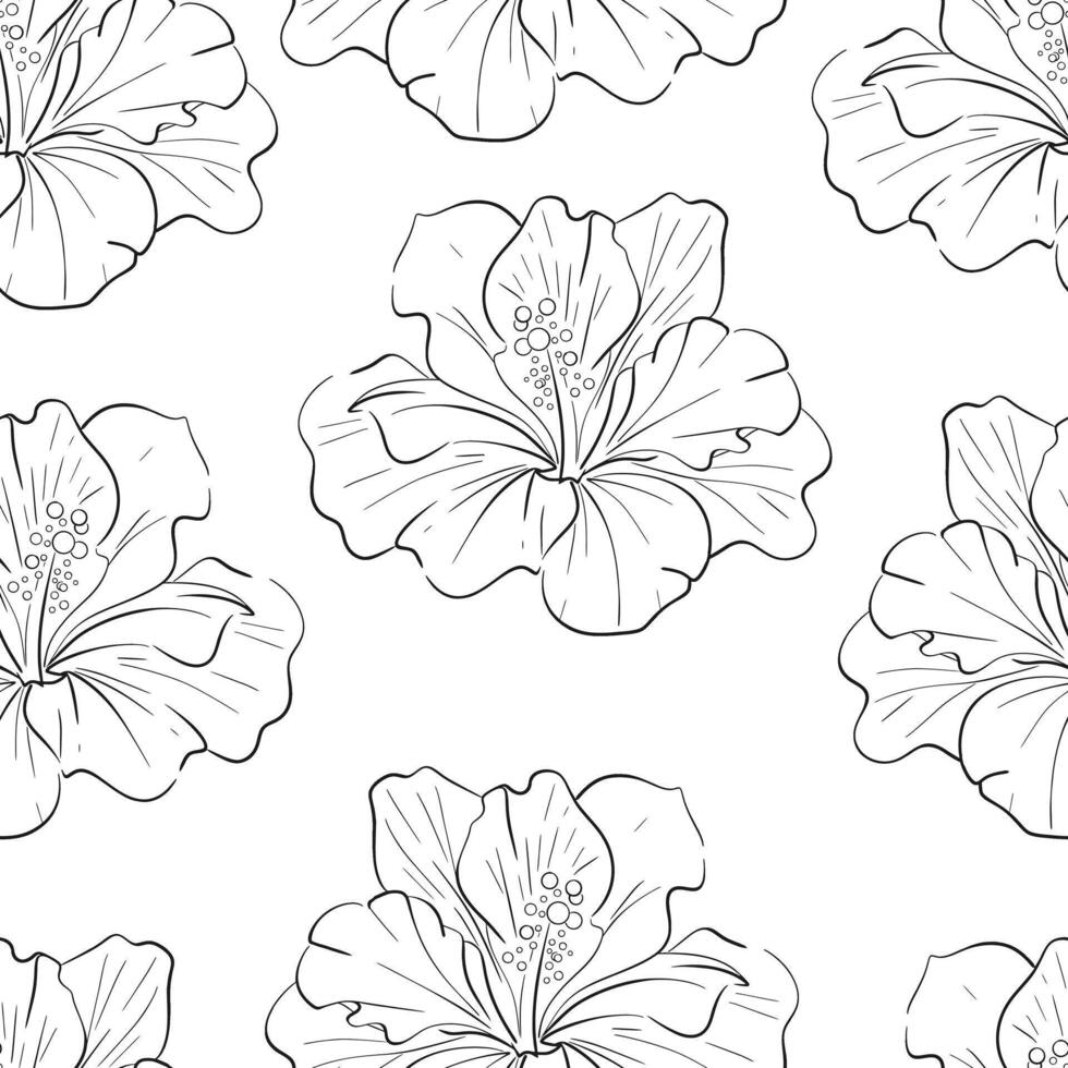 Hibiskus seamless pattern. Bright flower, Tropical botanic illustration. Summer exotic, elegant flora. Black silhouette for circuit vector