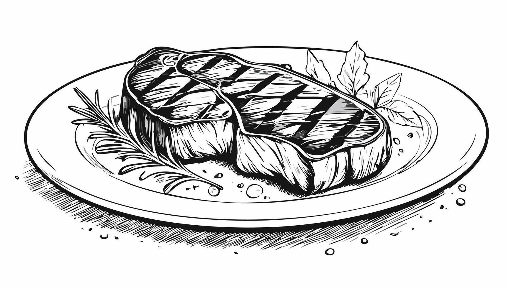 Meat Steak on Plate Sketch Illustration - Beef Food BBQ Lamb Sirloin Slice Raw Menu Grill Eatery Buthering Brisket Rib vector