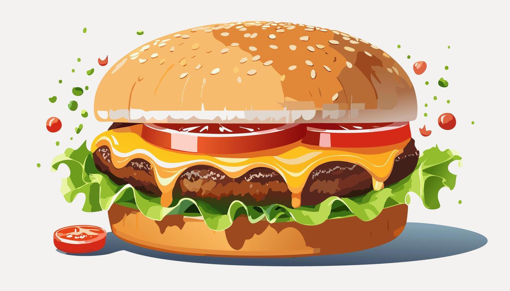 Burger with Melted Cheese Lettuce Tomatoes Meat - Cartoon Hamburger Bread Big Lunch Salad Beef Food Sesame vector