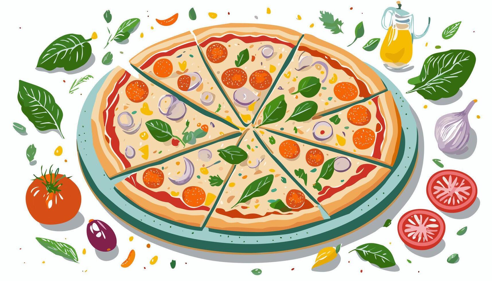 Pizza with Various Ingredients - Meal Food Italian Tomatoes Pepperoni Lunch Olive Salami Eat Meat Slice Fast Round Menu Mozzarella Piece vector