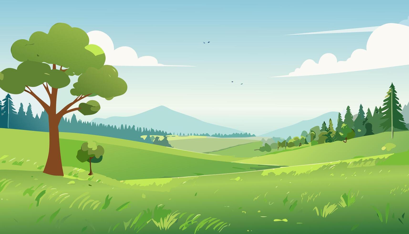 Green Landscape with Trees and Grass - Tree Nature Forest Park Garden Spring Cloud Field Countryside Scene vector
