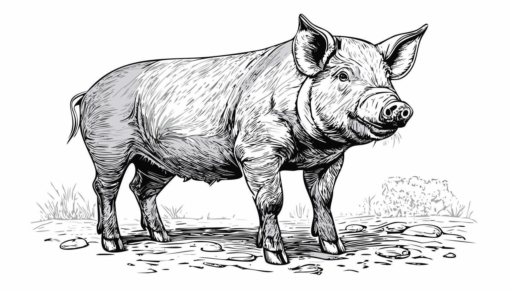 Pig Sketch Style - Animal Farm Mammal Pork Meat Hog Beef Drawn vector