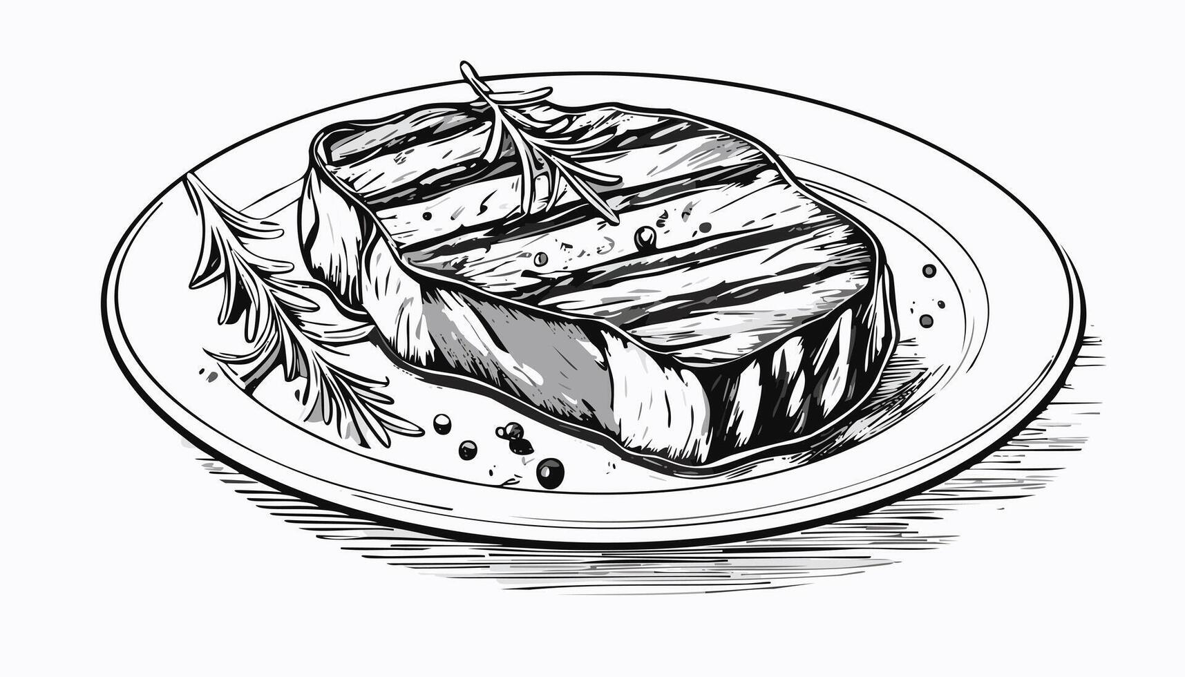 Meat Steak on Plate Sketch Illustration - Beef Food BBQ Lamb Sirloin Slice Raw Menu Grill Eatery Buthering Brisket Rib vector