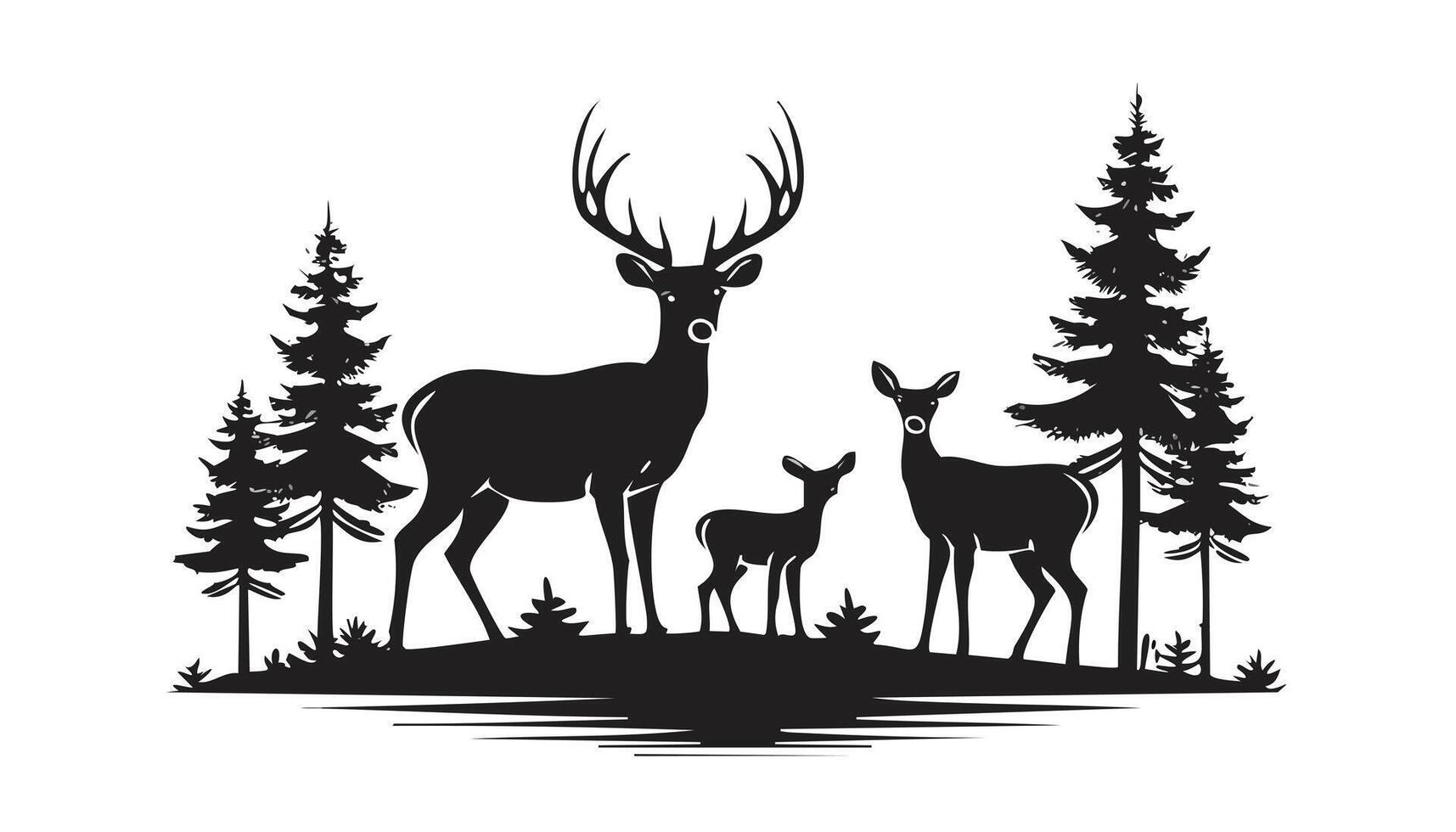 Black Silhouette of deer Family with and Forest Wildlife - Tree Jungle Adventure vector
