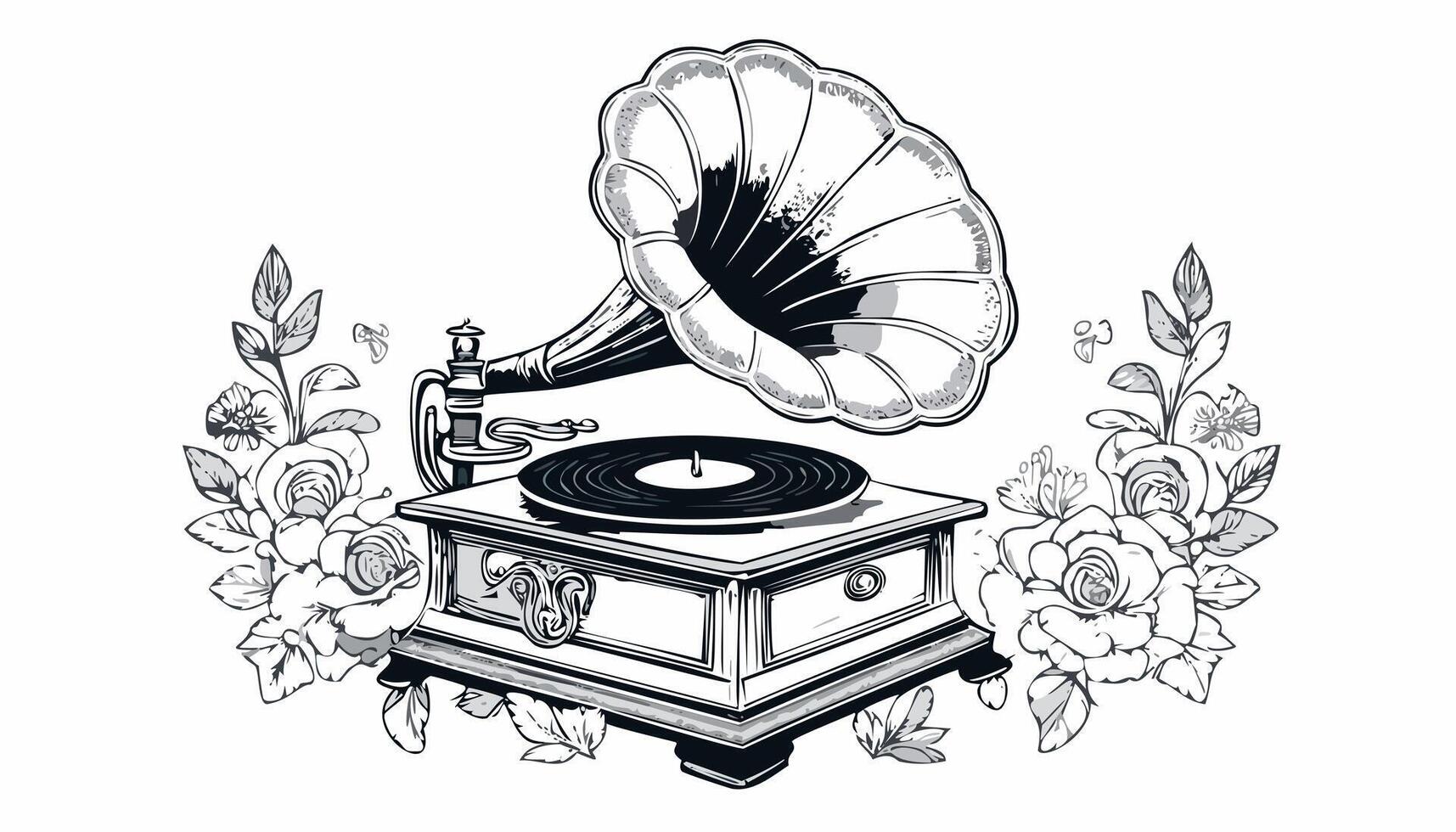 Retro Phonograph Gramophone Vintage Sketch Style - Music Record Old Player Speaker Vinyl Antique Horn Turntable Megaphone Audio 1900 vector