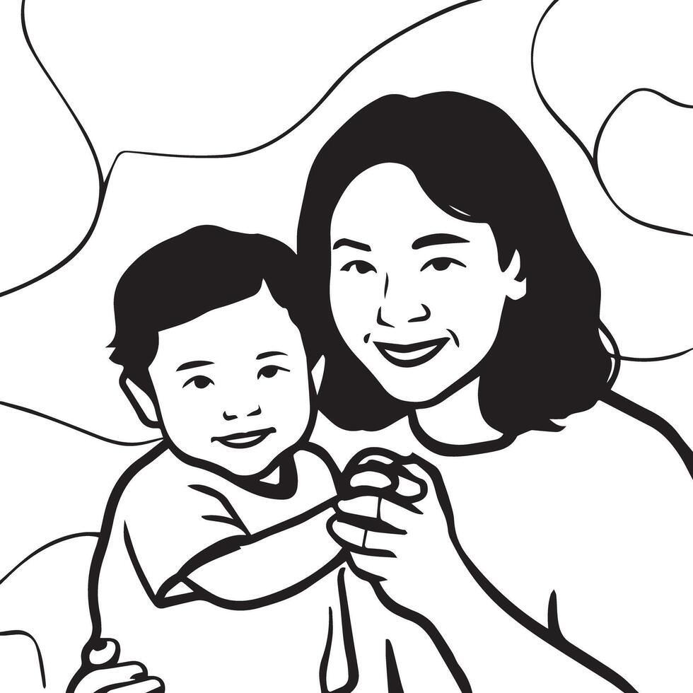 A sleek black silhouette of a mother holding her children, one on each side, set against a pure white background. vector