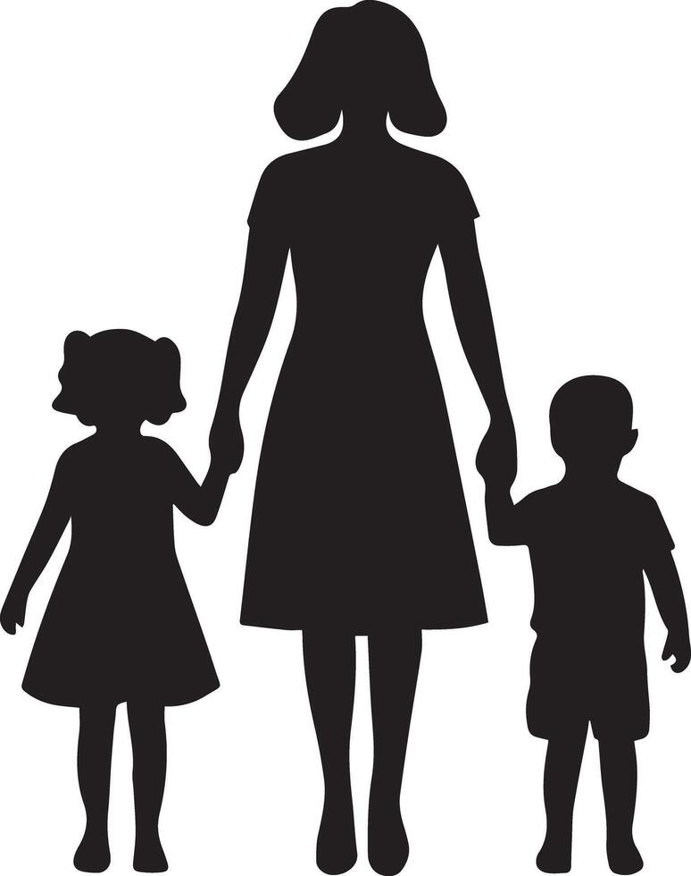 Black silhouette of a mother holding two children, one on each side, against a solid white background. Flowing lines to emphasize the bond between the mother and her kids. vector