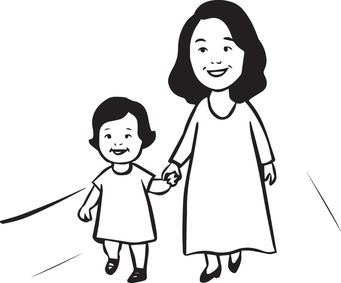 A minimalist black silhouette of a mother holding her children, one on each side, against a solid transparent background vector