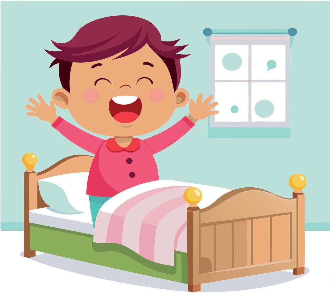 Happy boy waking up and stretching in bed vector