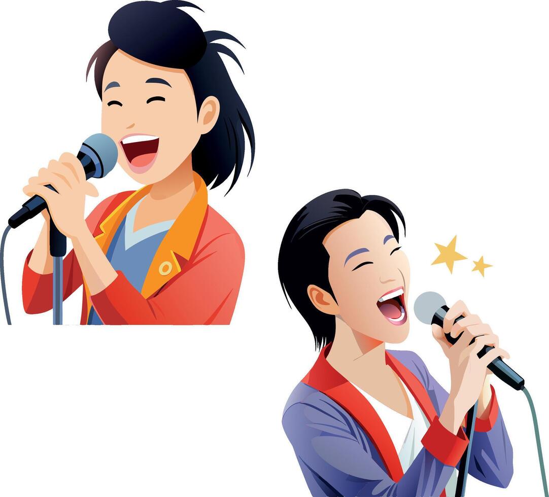 Young woman singing with microphone on red background- vector