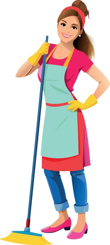 Cleaning lady wearing gloves and apron holding a broom on white background vector