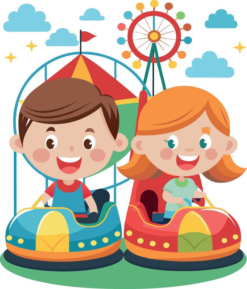 Happy kids having fun riding bumper cars at the amusement park vector