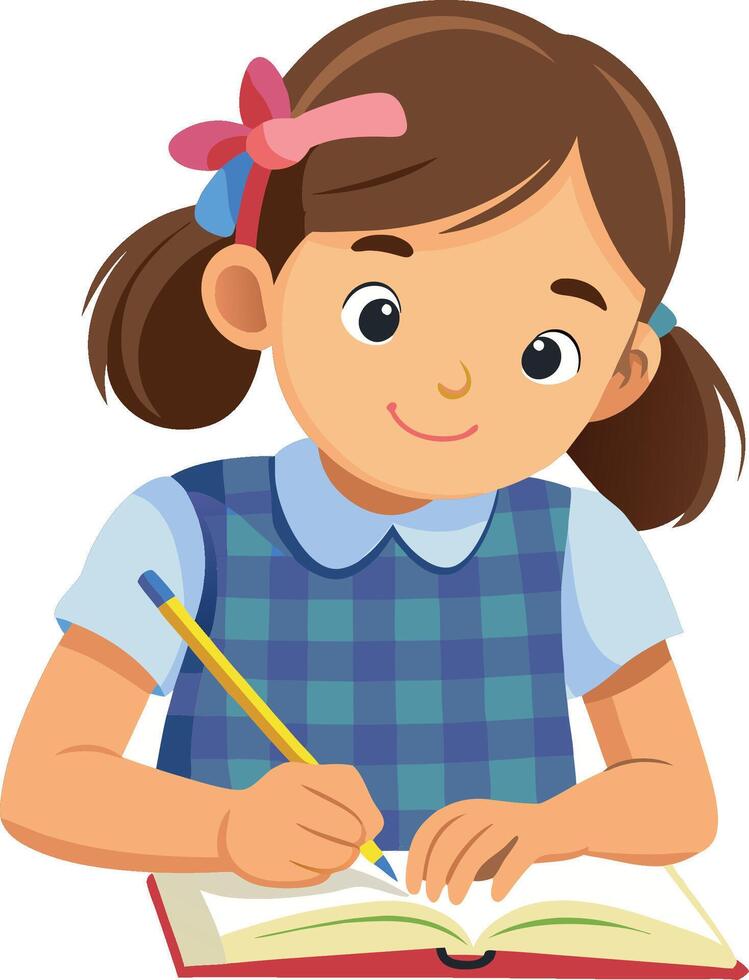 Cute young girl writing in notebook with pencil vector