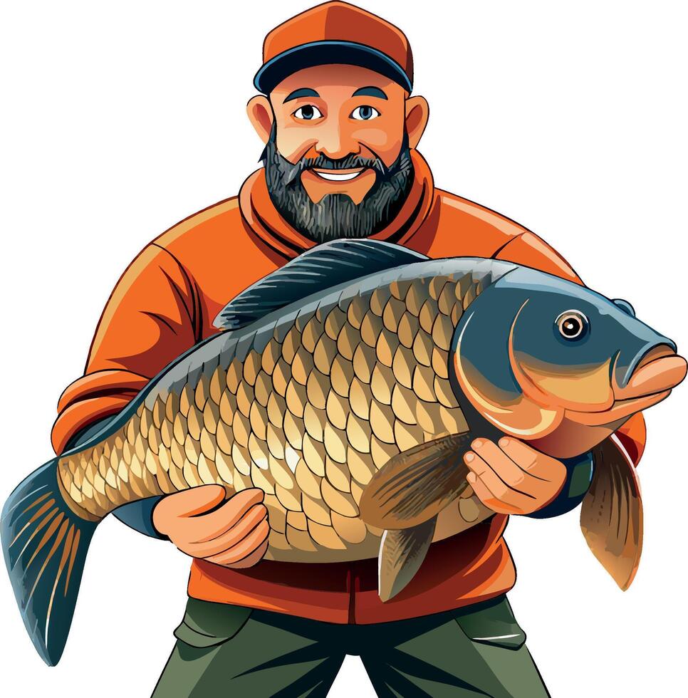 Happy fisherman is holding a huge carp fish vector