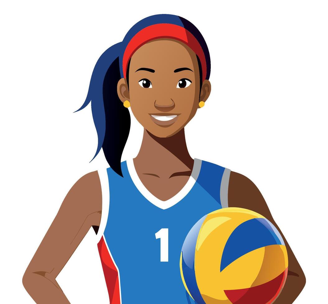 Female volleyball player is holding a volleyball and smiling- vector
