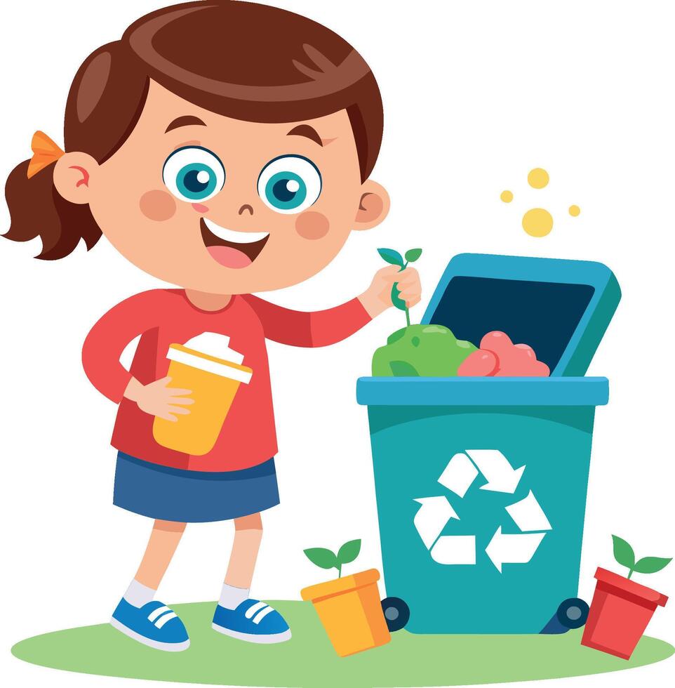 Happy little girl throwing organic waste in recycling bin vector