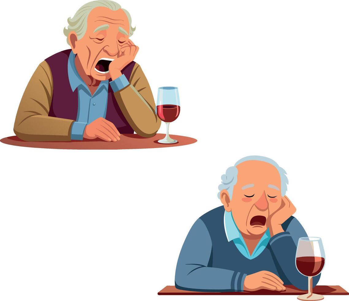 Senior man yawning and drinking a glass of red wine vector