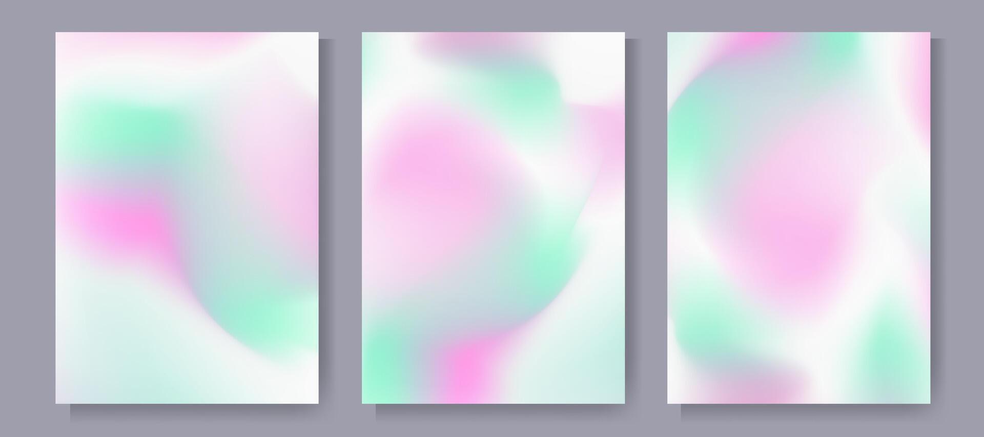 Soft pastel gradient background. Pink mint green white girly and kids pastel color happy background template set for cover, poster, wallpaper, flyer, web design. Blurred fantasy fairytale backdrop vector