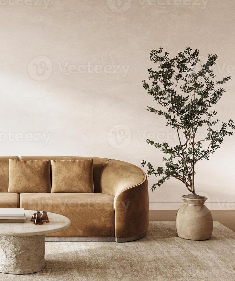 Scandinavian corner with golden velvet sofa and organic elements for a serene space. 3d render photo