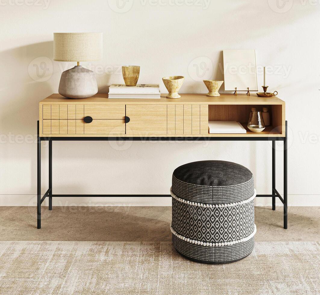 Chic Scandinavian workspace with stylish wooden desk and patterned ottoman. 3d render photo