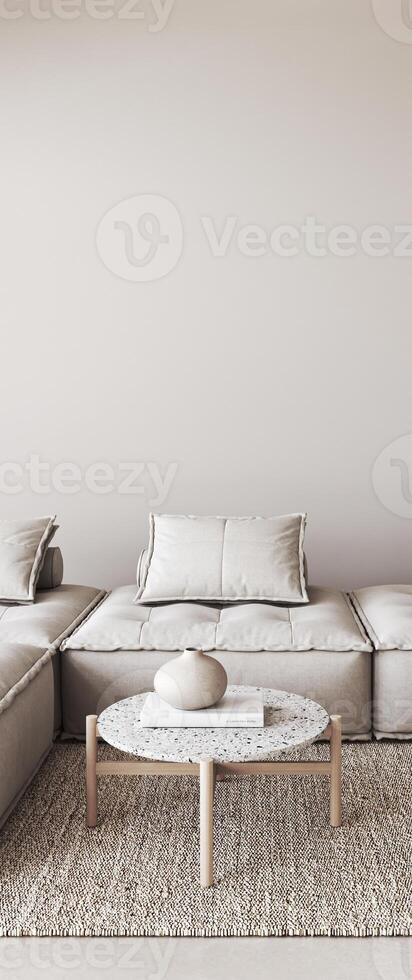 Zen like calm in a minimalist space. A neutral-toned modular sofa, terrazzo coffee table, and textured rug in a serene 3d render living room setting photo