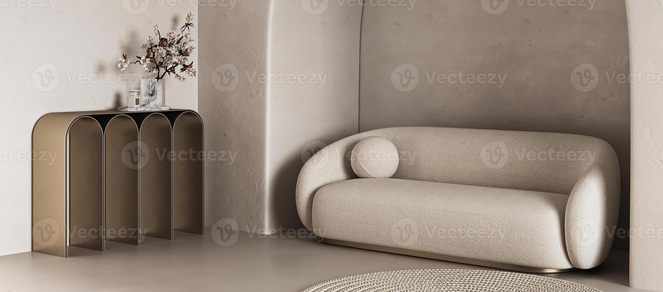 Sculptural minimalism. A sleek sofa and arched console table in a chic 3d render living space with textured walls and elegant decor accents photo
