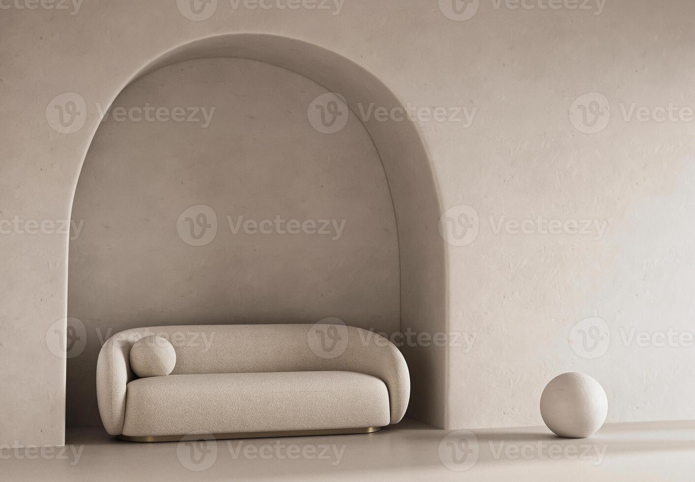 Sleek minimalism in interior design, a textured sofa embraces the curve of an arching niche, complemented by a solitary sphere in a 3d render photo