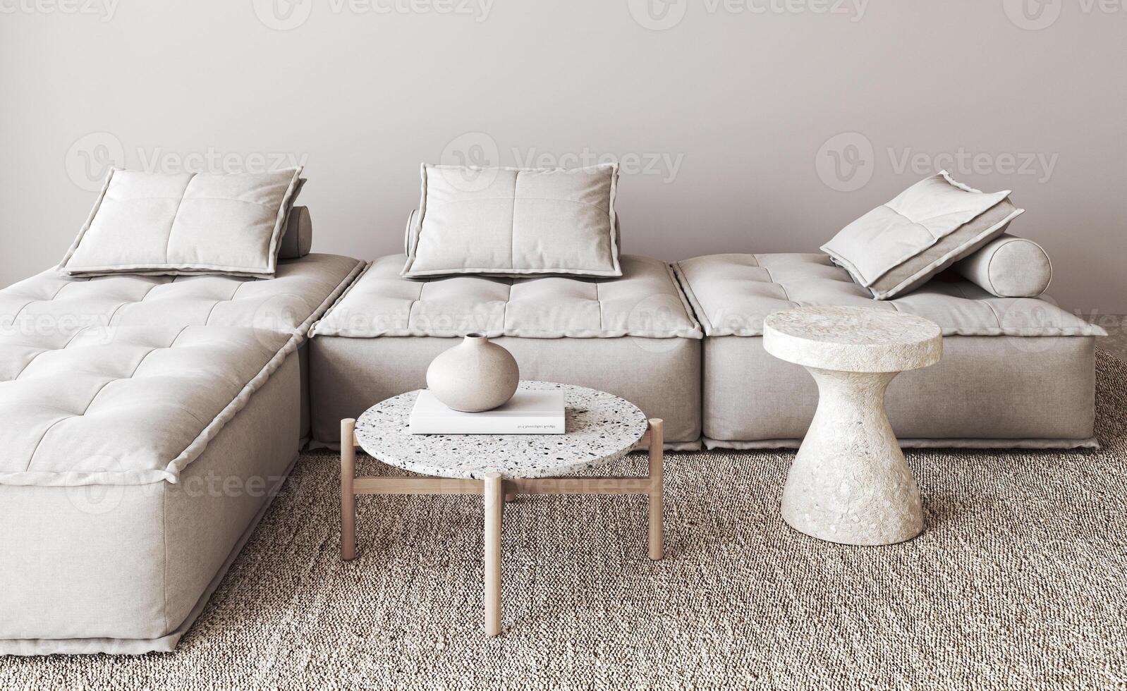 Laid-back luxury. A chic modular sofa set with matching terrazzo tables, showcased in a 3d render of a textured neutral living room photo