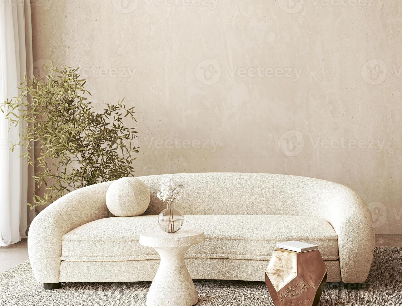 Relaxed living space with plush curved couch, abstract art, marble table, and unique floor lamp in daylight photo