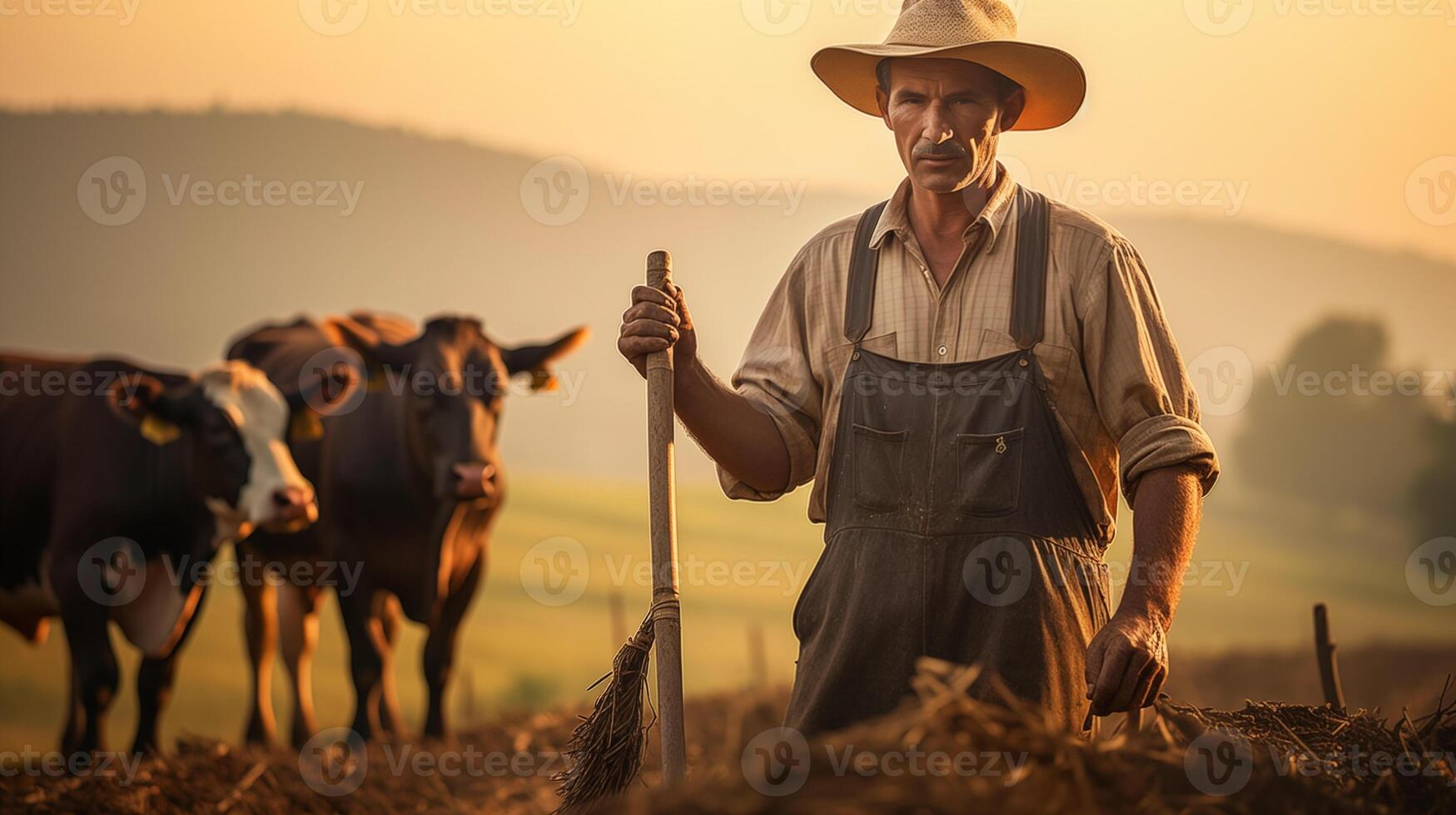 Resolute farmer working the land with cattle at golden hour. photo