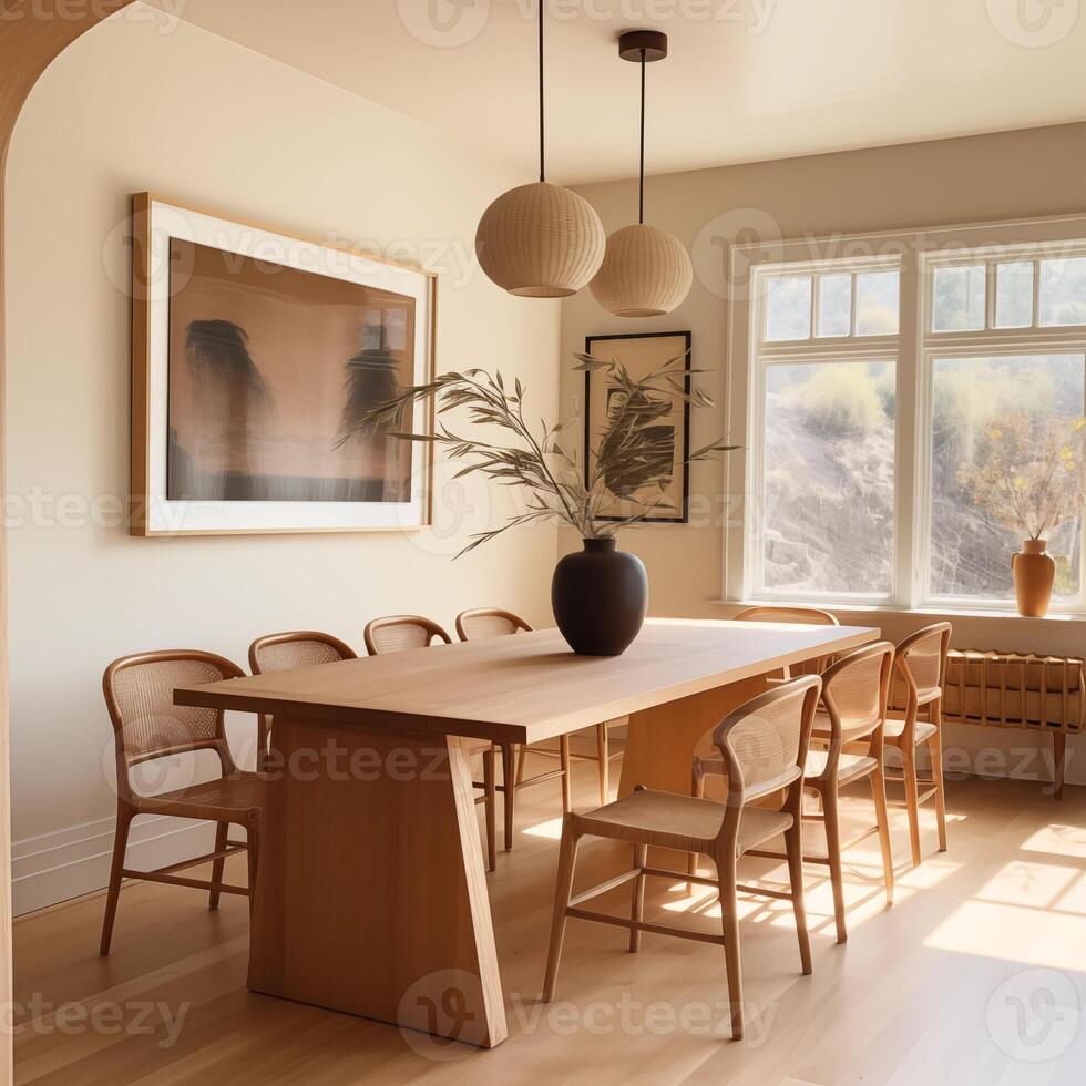 This modern dining room marries clean architectural lines with organic decor, enhanced by soft lighting and curated artistic elements. photo