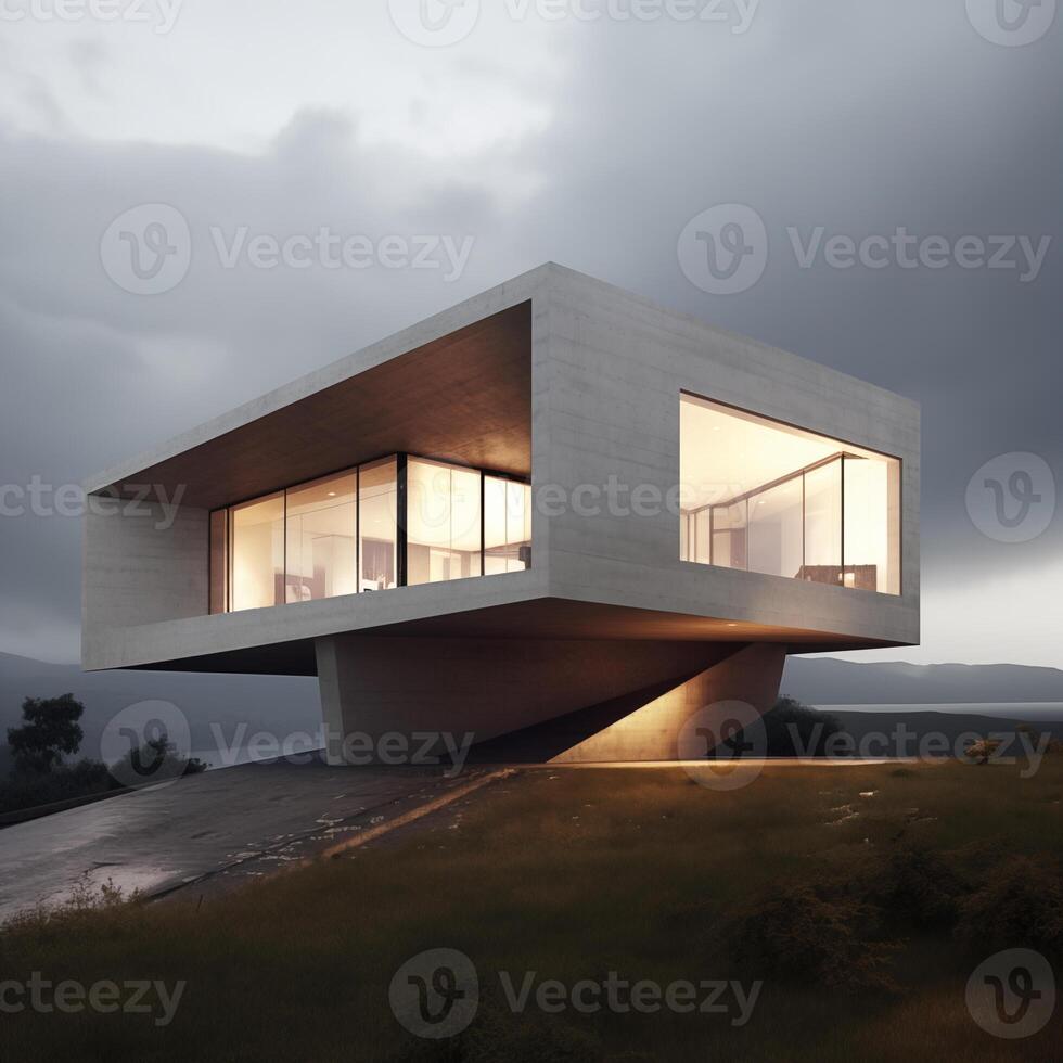 Suspended elegance, cantilevered haven at twilight. photo