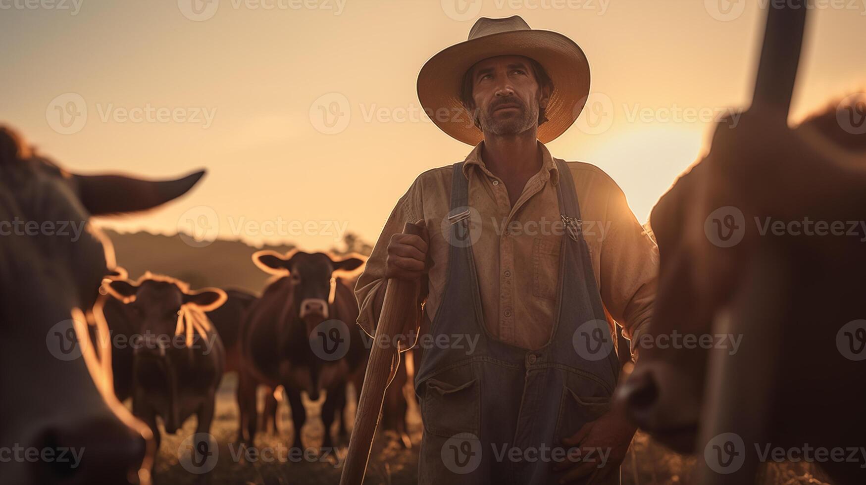 Dedicated farmer with cattle at sunrise, a new day on the farm. photo