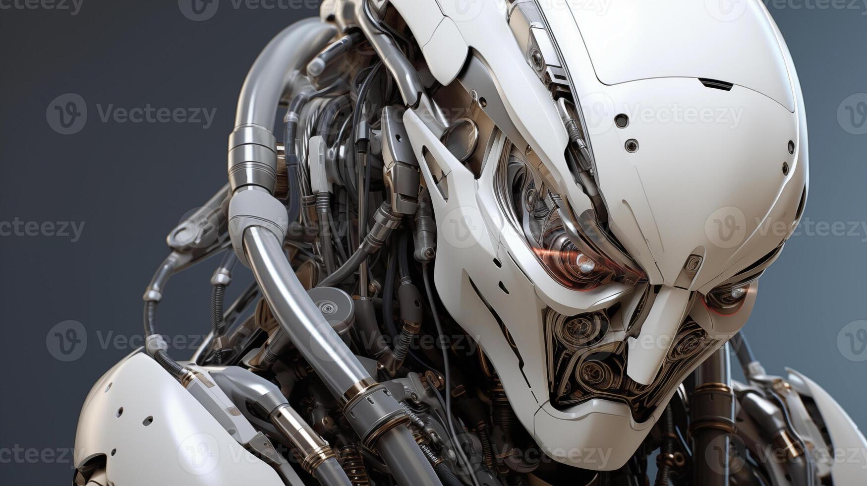 Intricate mechanical head of a humanoid robot with a gaze. photo