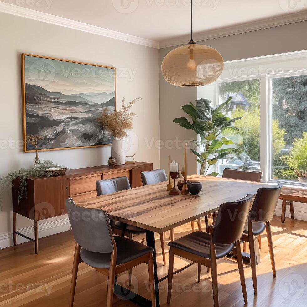 A sophisticated dining room that pairs a striking landscape painting with earth-toned decor and lush greenery, creating an elegant natural retreat. photo