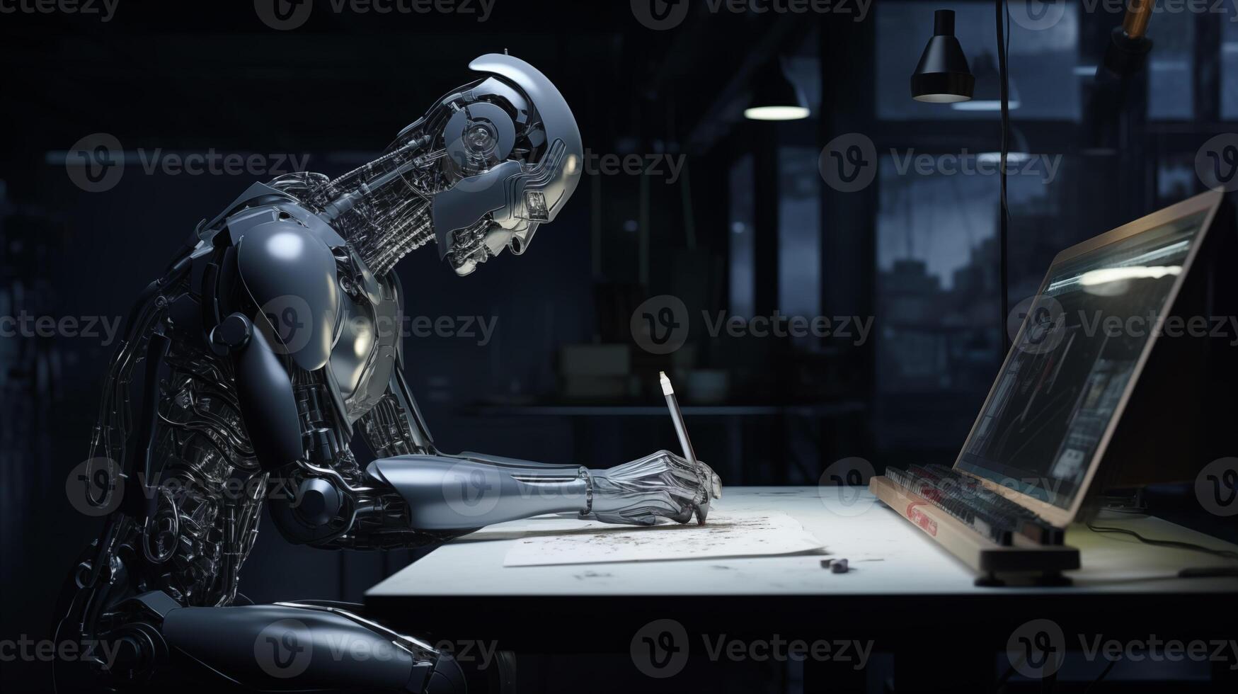 Futuristic robot engaging in creative writing at a desk. photo