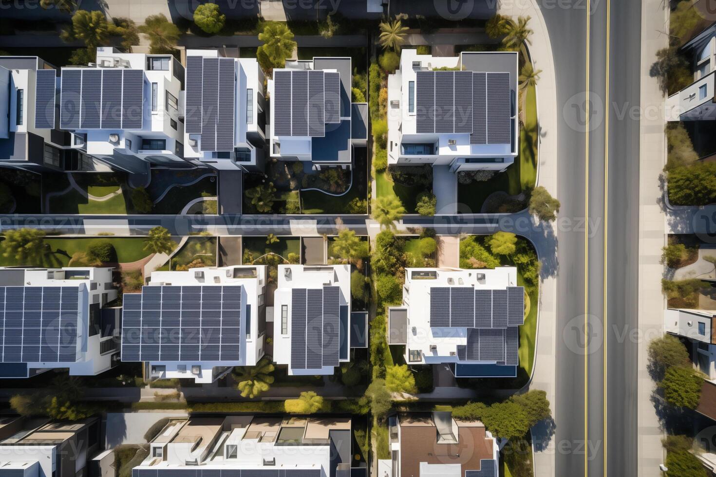 Solar panel installations on contemporary residences showcase sustainability in suburbia. . photo