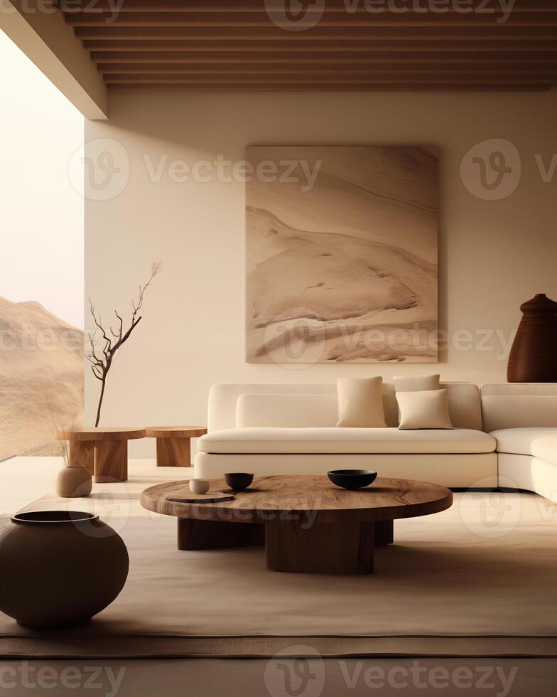 This living room showcases a monochromatic color scheme with smooth wooden accents, reflecting a sleek and refined natural aesthetic. photo
