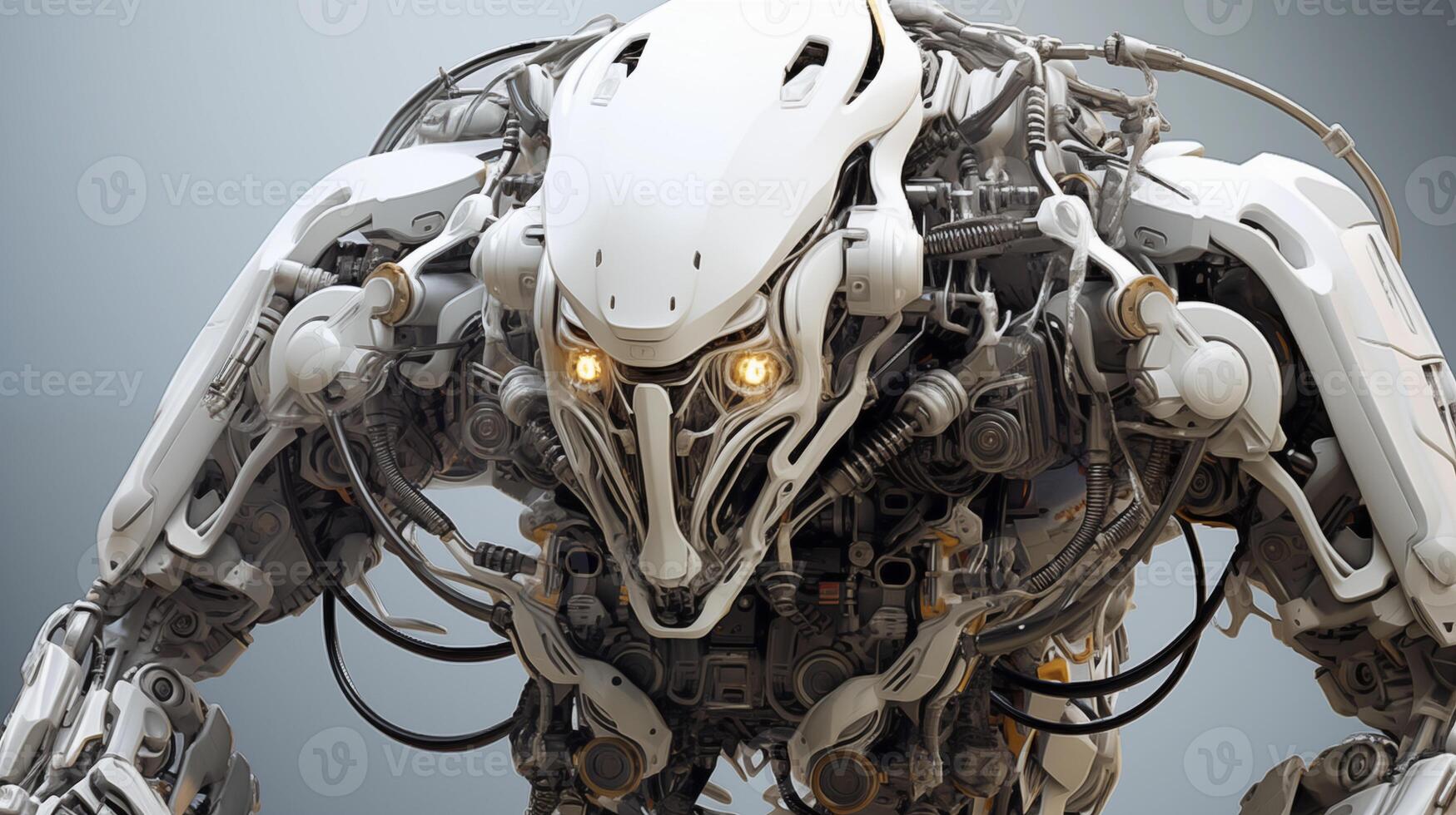 Imposing robotic beast with glowing eyes poised for action. photo