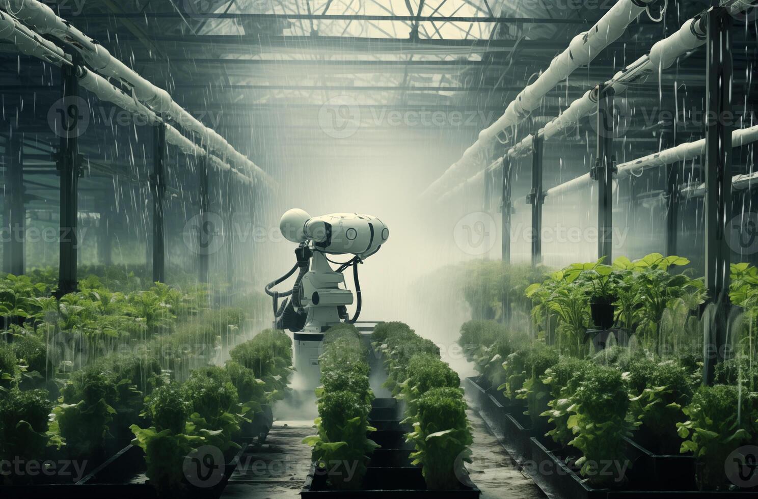 Agriculture adapts with robots overseeing lush plants under natural showers. . photo
