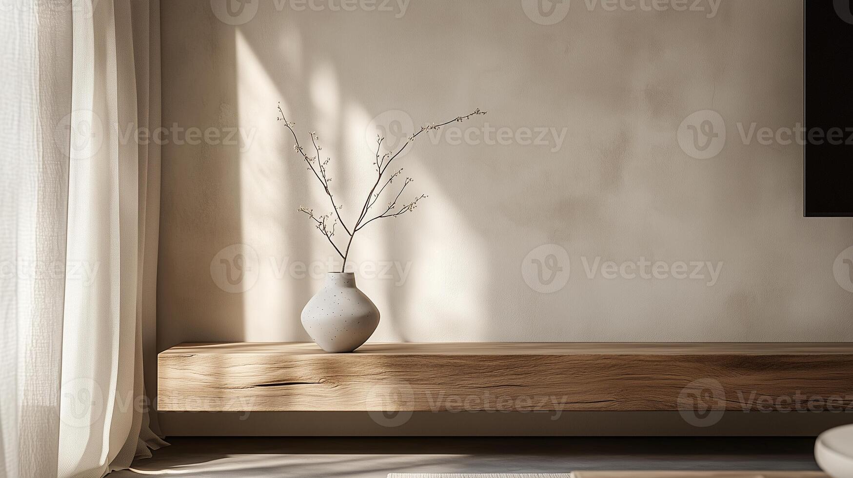 a portrait close-up photo focusing on traditional Japanese furniture in house, living room and plant pots and similar elements that capture the essence of Wabi-Sabi