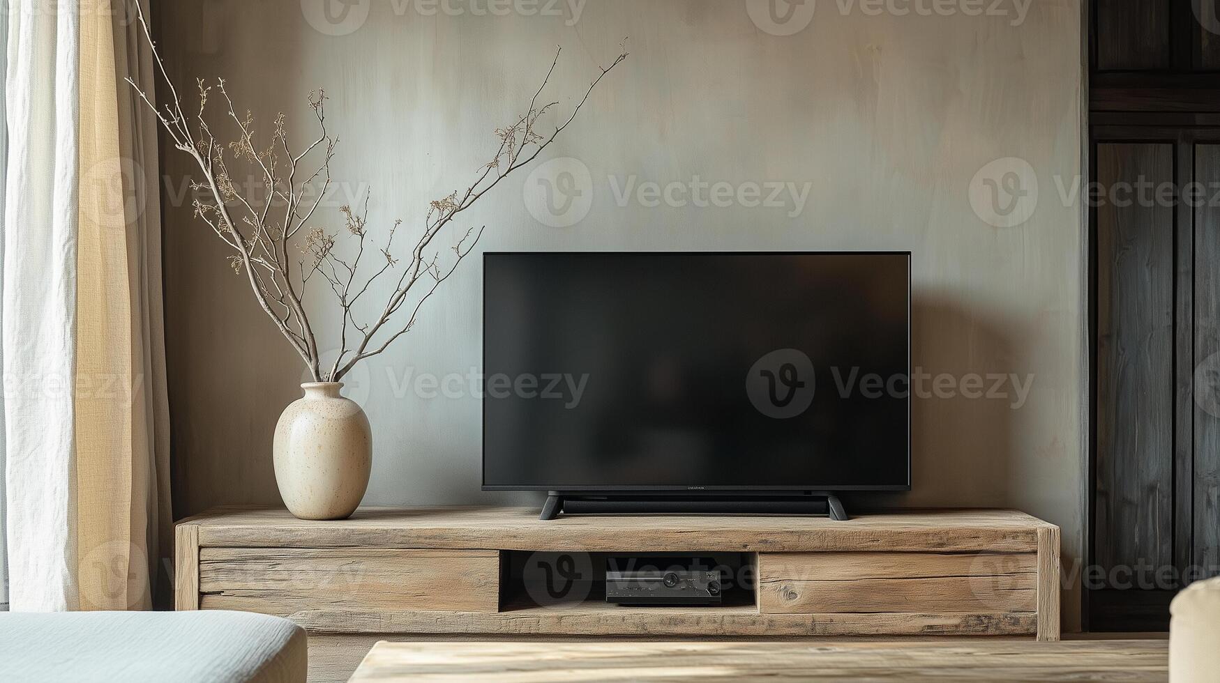 a portrait close-up photo focusing on traditional Japanese furniture in house, living room and plant pots and similar elements that capture the essence of Wabi-Sabi