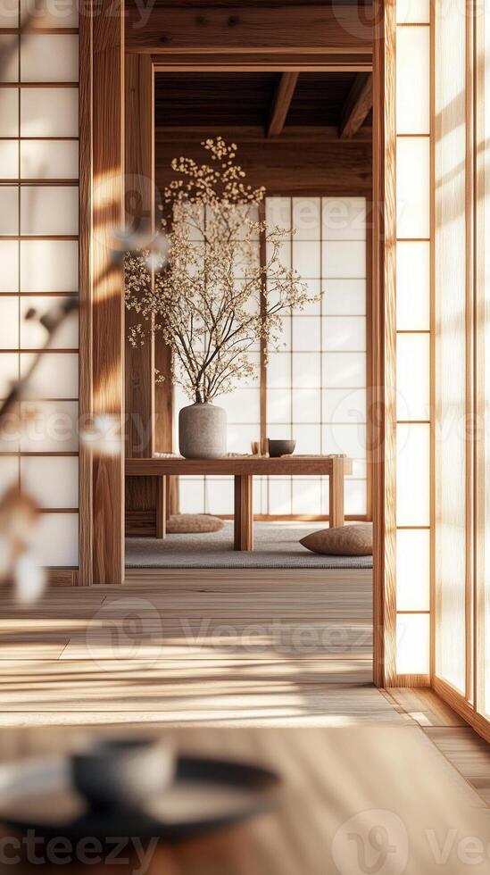 a portrait close-up photo focusing on traditional Japanese furniture in house, living room and plant pots and similar elements that capture the essence of Wabi-Sabi