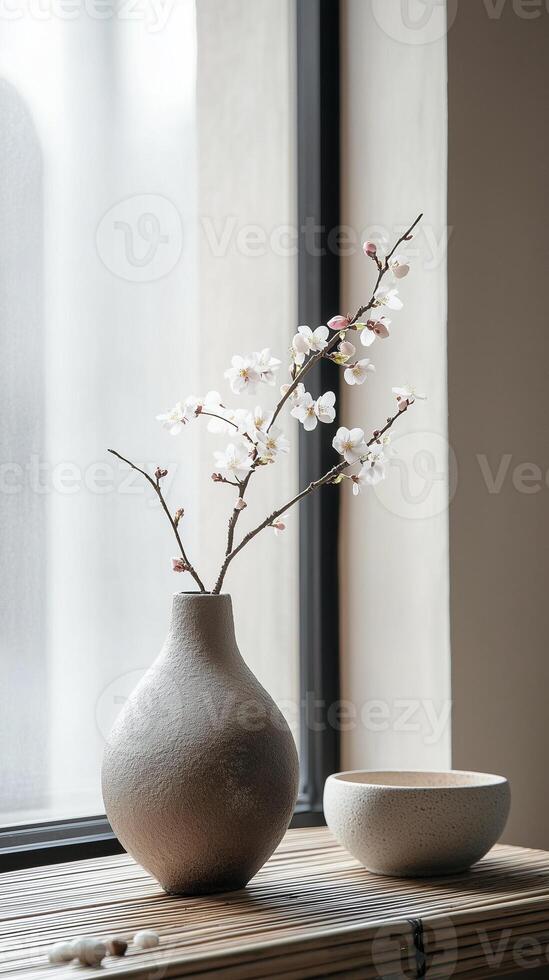 a portrait close-up photo focusing on traditional Japanese furniture in house, living room and plant pots and similar elements that capture the essence of Wabi-Sabi
